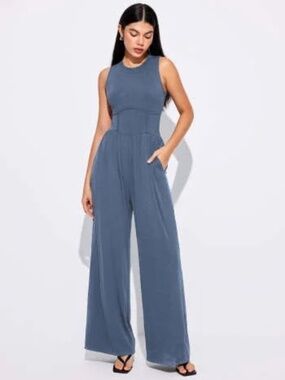 Cider Ribbed Light Blue Sleeveless Wide Leg Jumpsuit Size M/6